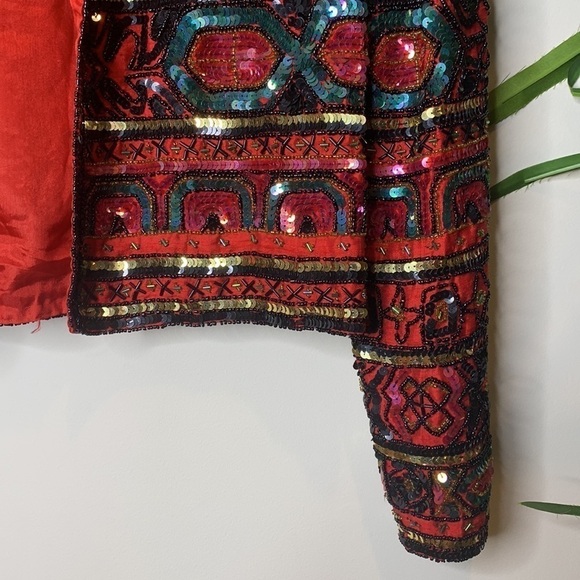 Papell Boutique || Vintage Heavily Beaded Sequin Silk Open Front Top Jacket M - Picture 11 of 17